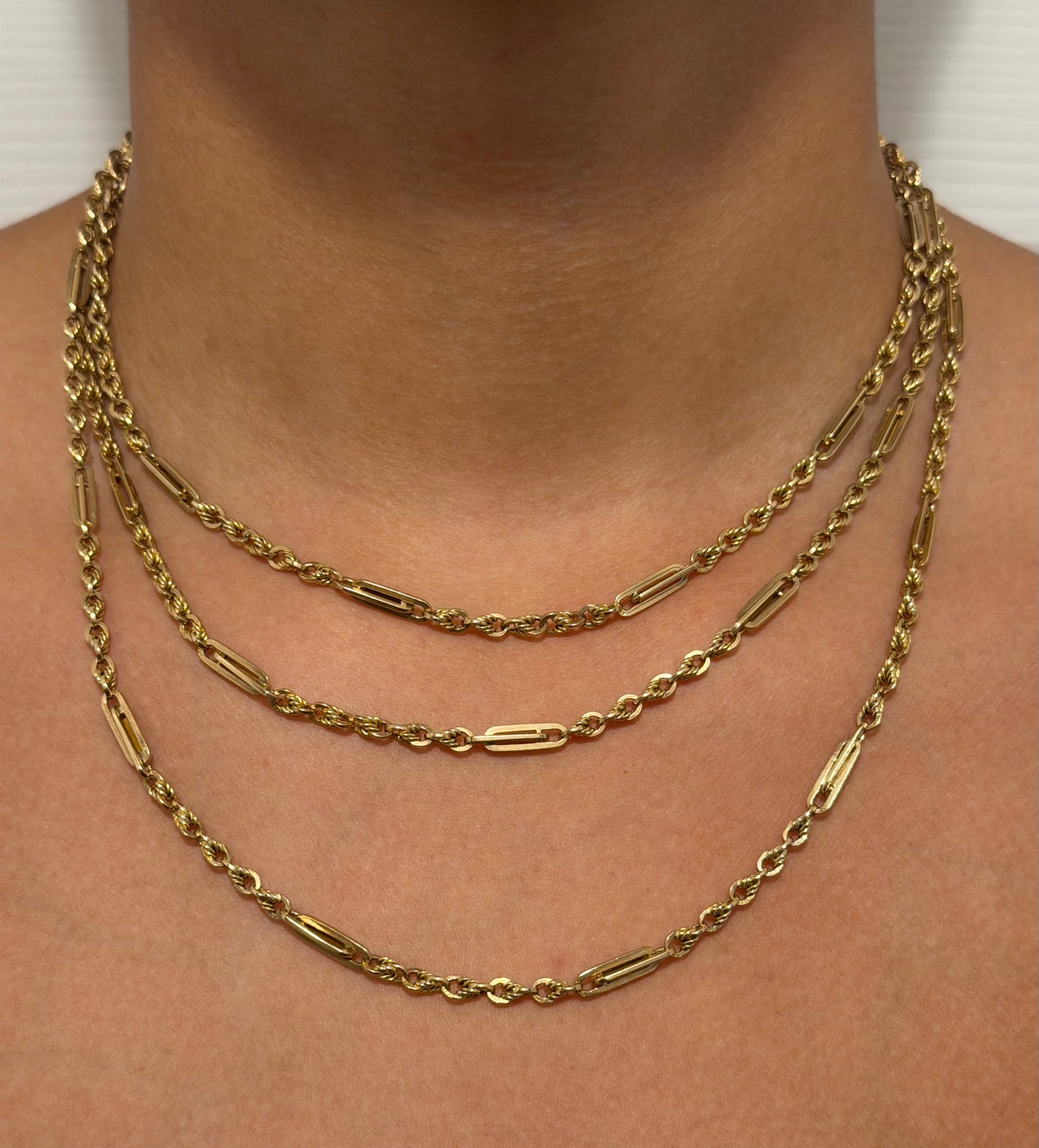 Antique 9ct Yellow Gold Trombone & Love Link Long Guard Chain