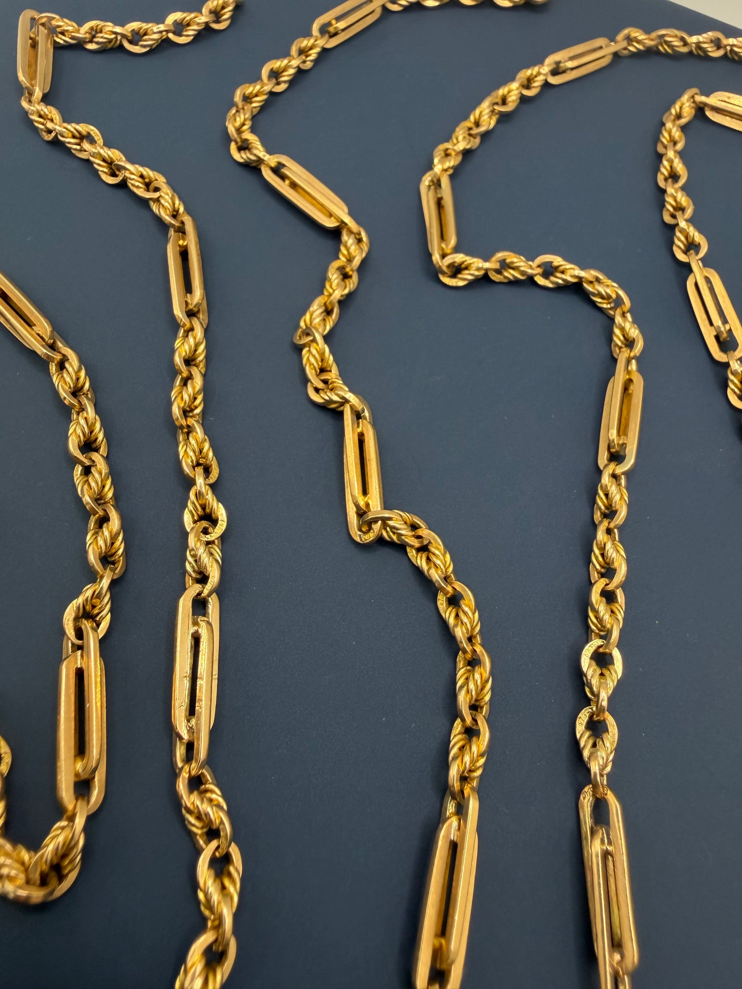 Antique 9ct Yellow Gold Trombone & Love Link Long Guard Chain