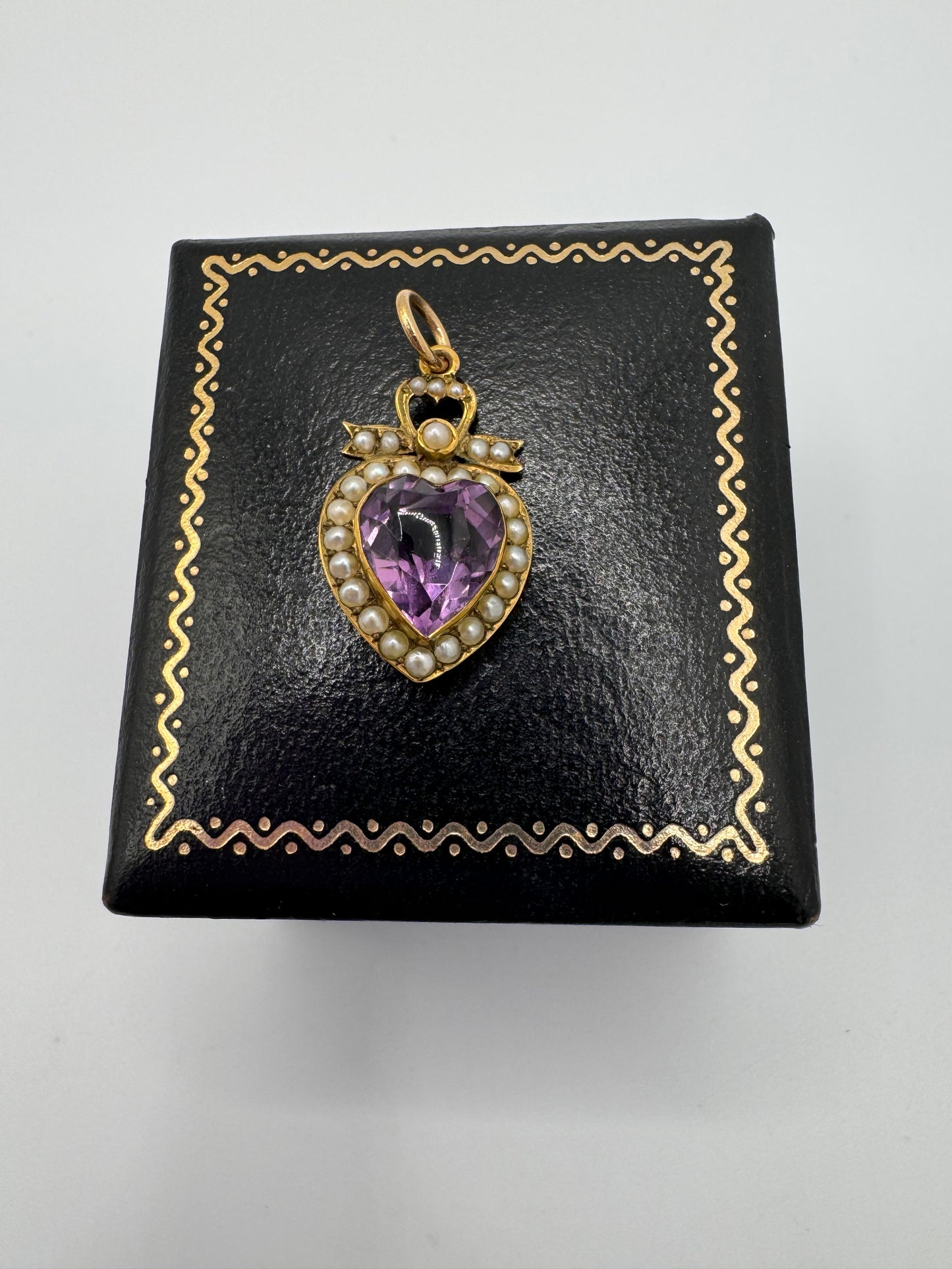 Antique Gold Amethyst & Seed Pearl Heart Pendant