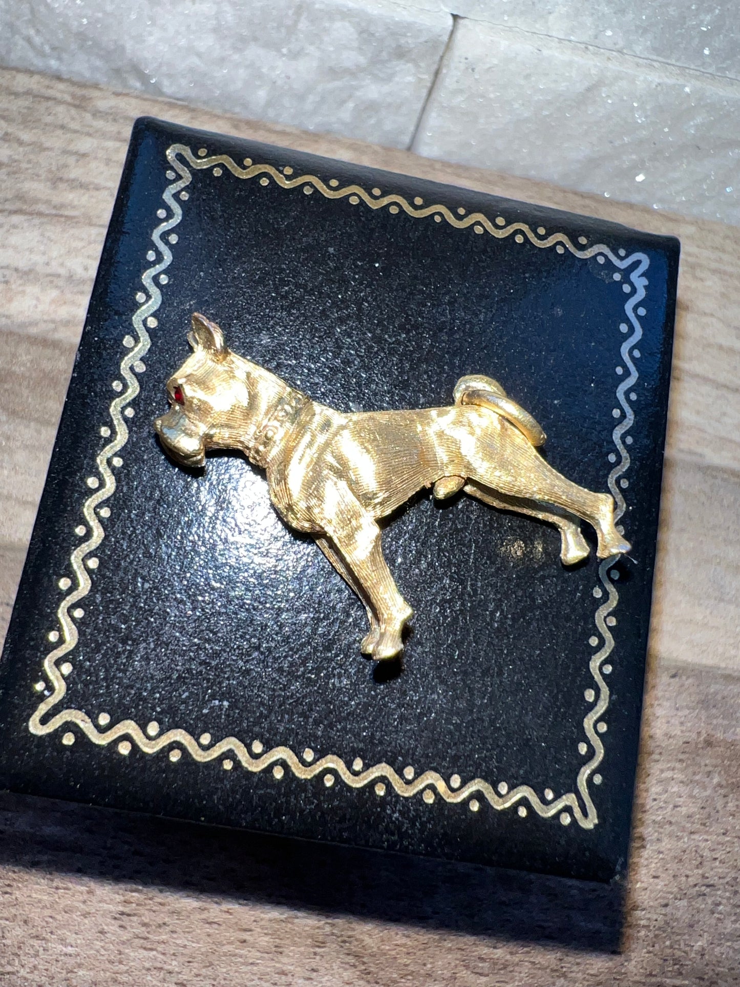 Vintage 9ct Gold Boxer Dog Charm with Gem Set Eyes