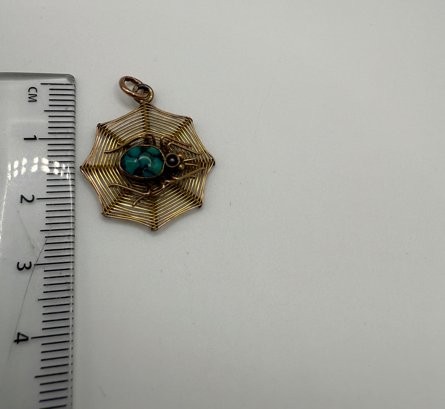 Antique 9ct Gold Turquoise and Pearl Spider on Web Charm Pendant