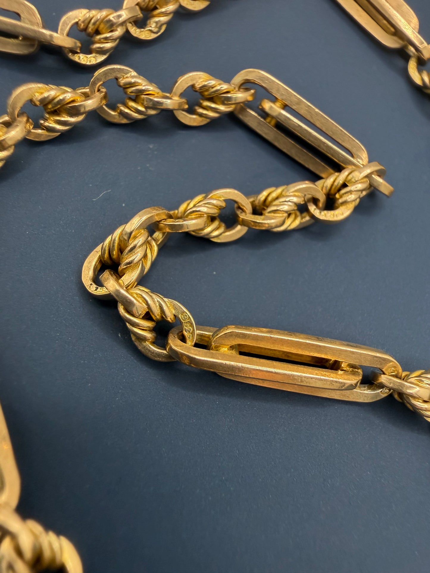 Antique 9ct Yellow Gold Trombone & Love Link Long Guard Chain