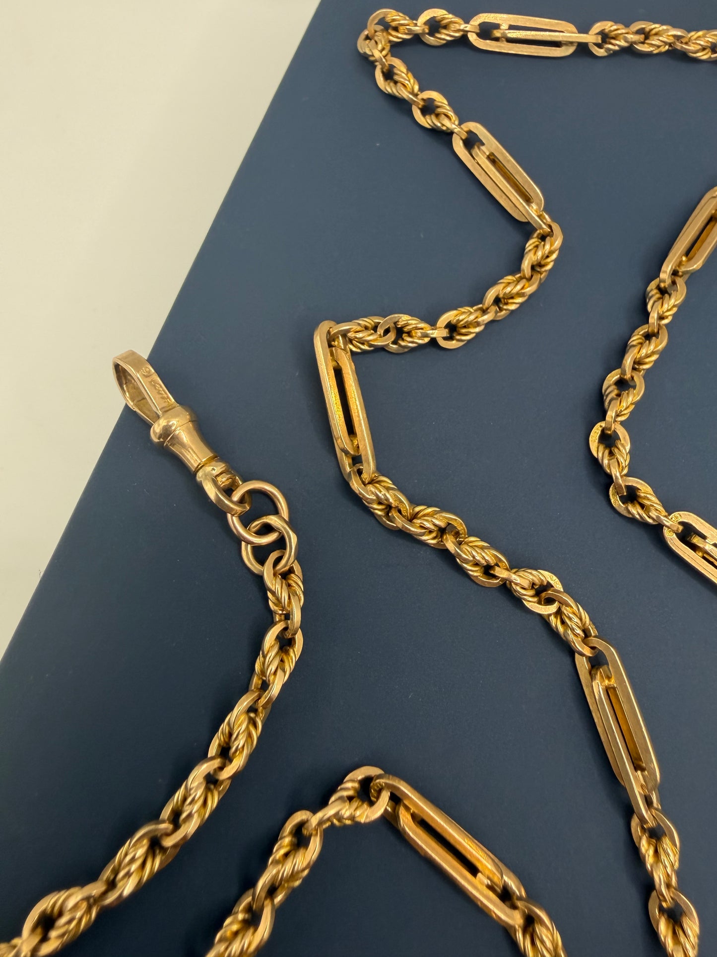 Antique 9ct Yellow Gold Trombone & Love Link Long Guard Chain