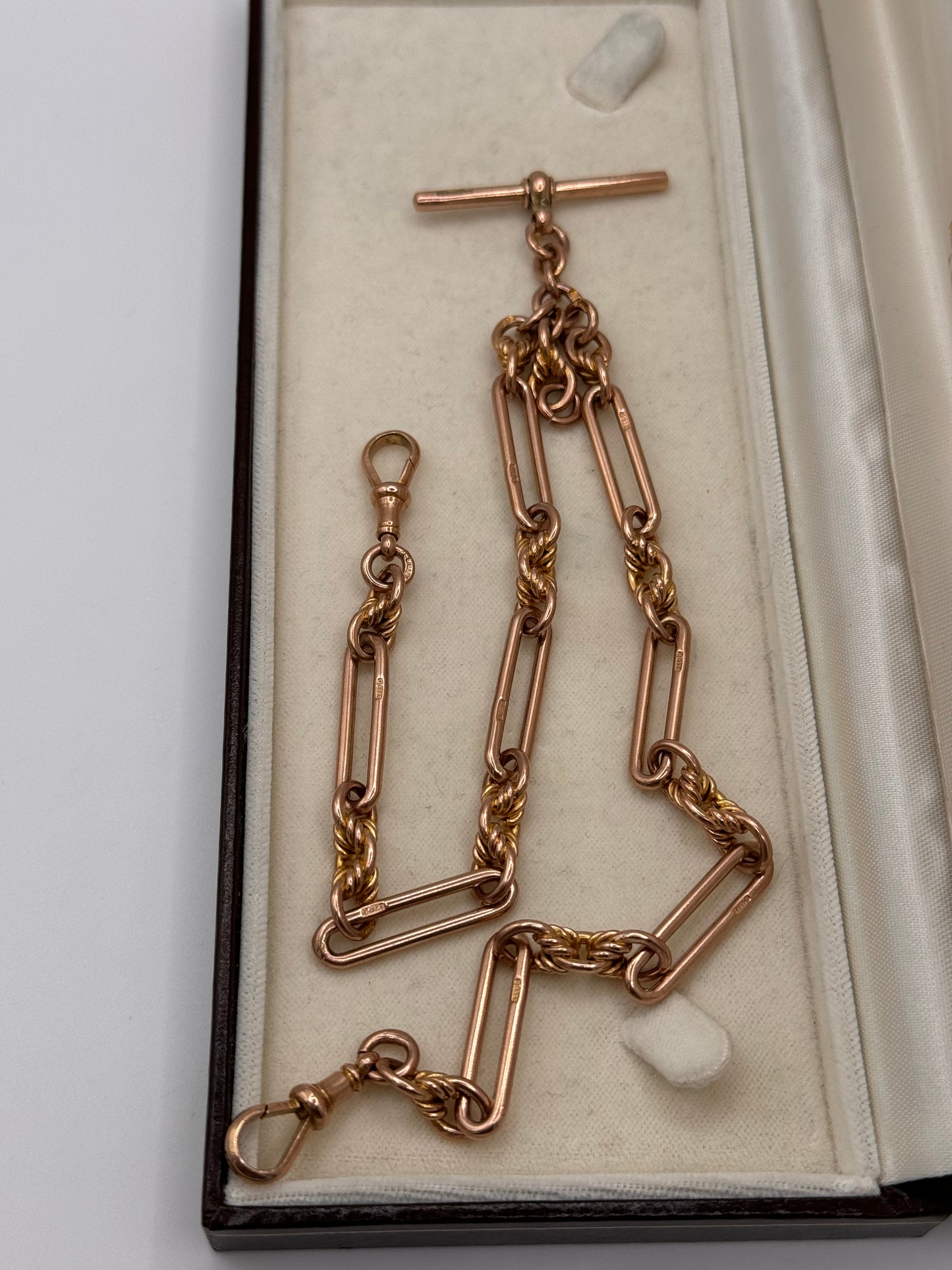 Gorgeous Antique 9ct Rose Gold Trombone & love Link Double Albert Chain 1919