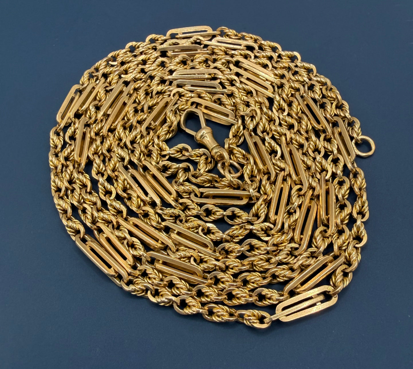 Antique 9ct Yellow Gold Trombone & Love Link Long Guard Chain