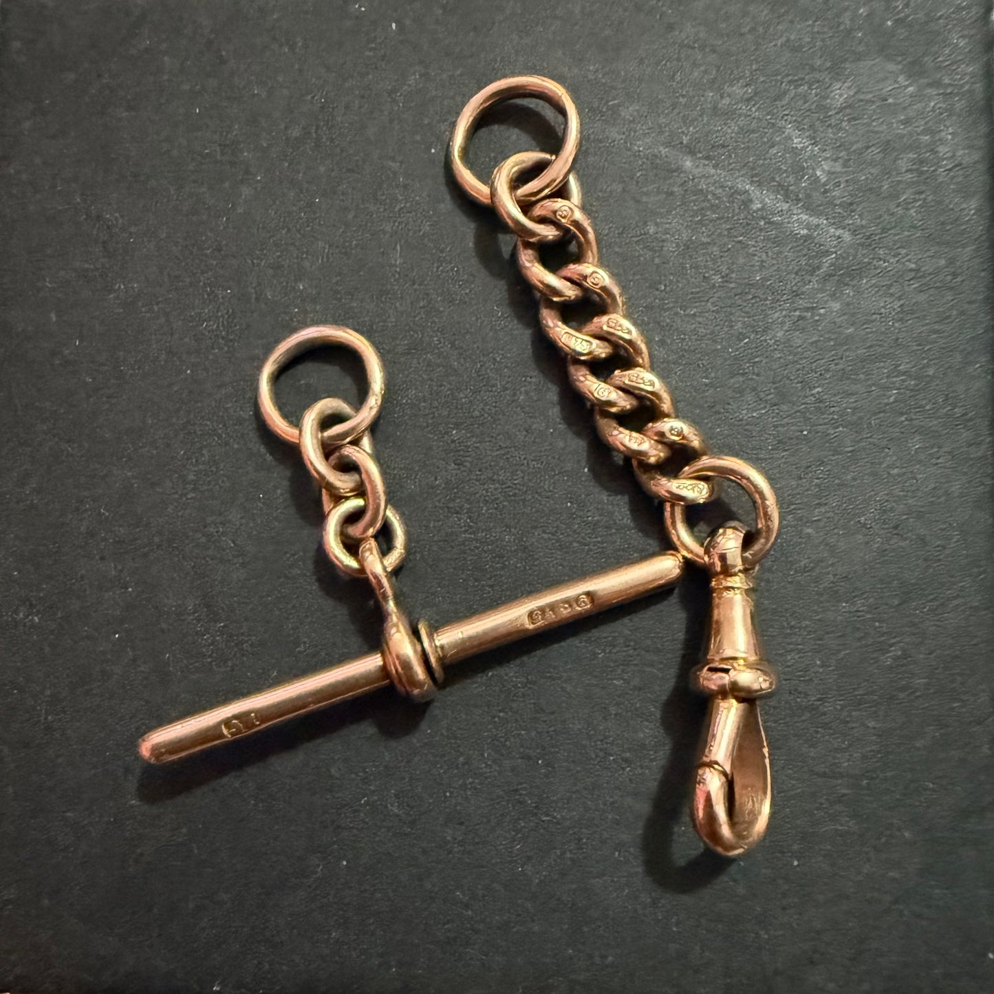 Antique 9ct Rose Gold Swivel T-bar RC & Extender with dog clip