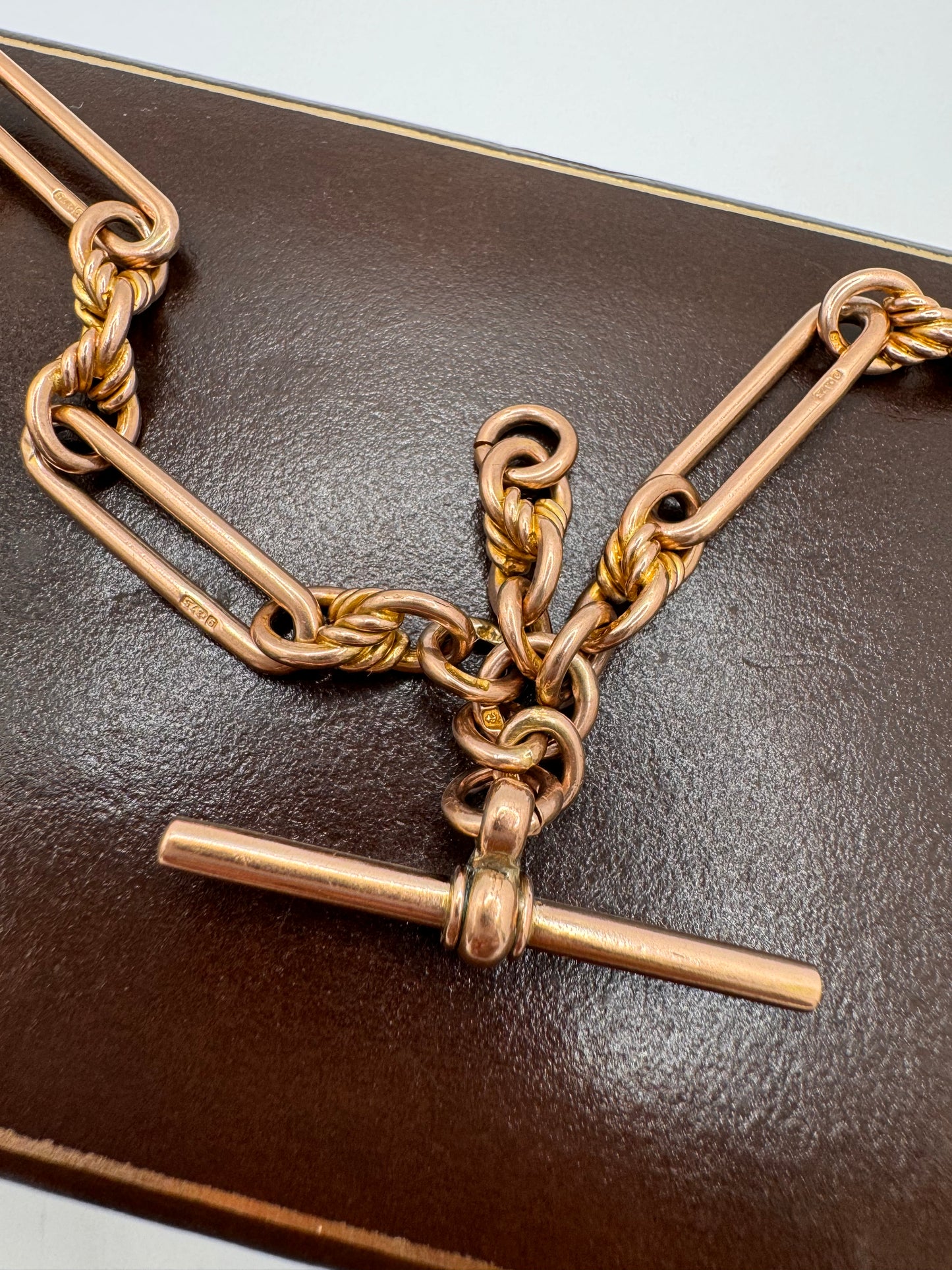 Gorgeous Antique 9ct Rose Gold Trombone & love Link Double Albert Chain 1919