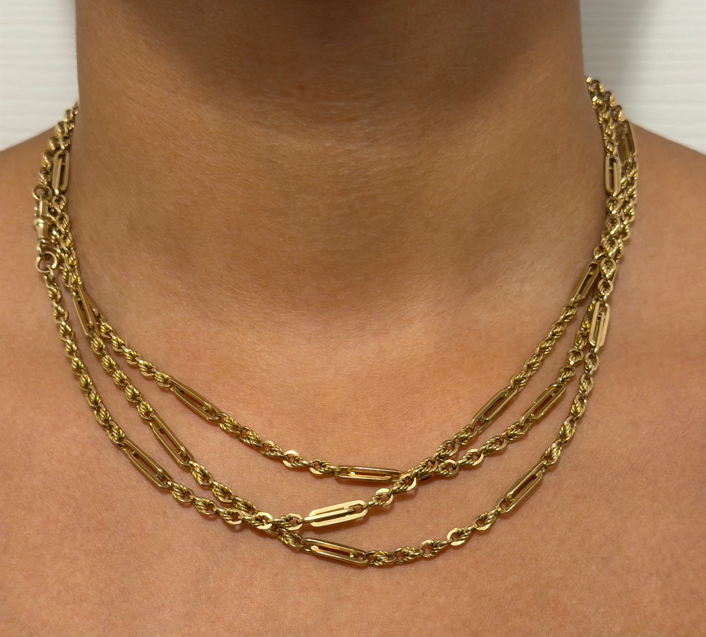 Antique 9ct Yellow Gold Trombone & Love Link Long Guard Chain