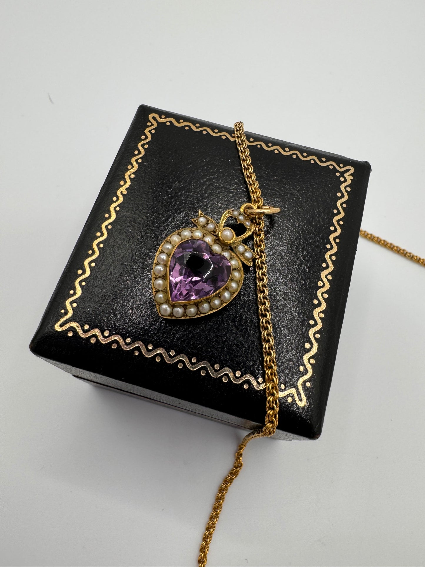 Antique Gold Amethyst & Seed Pearl Heart Pendant