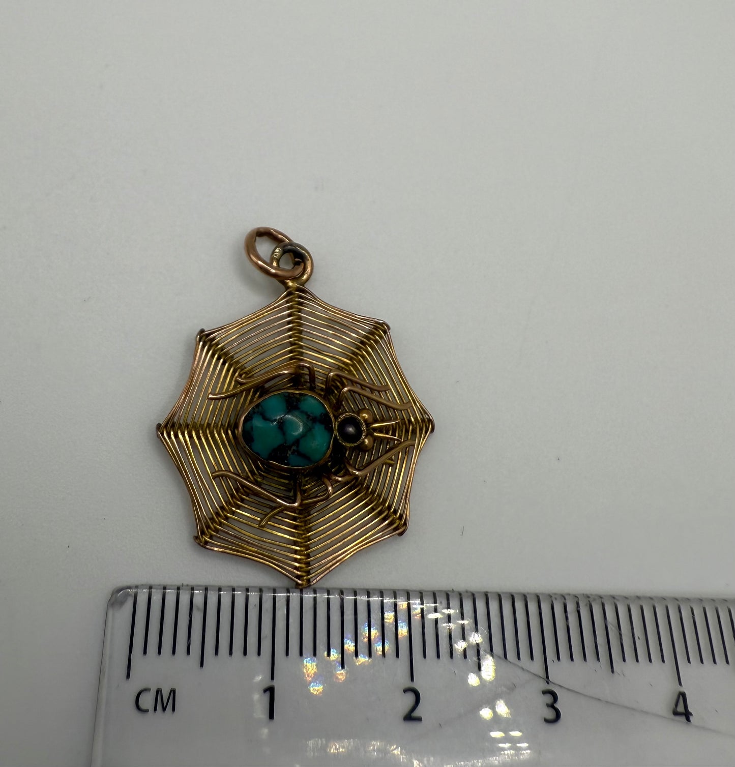 Antique 9ct Gold Turquoise and Pearl Spider on Web Charm Pendant