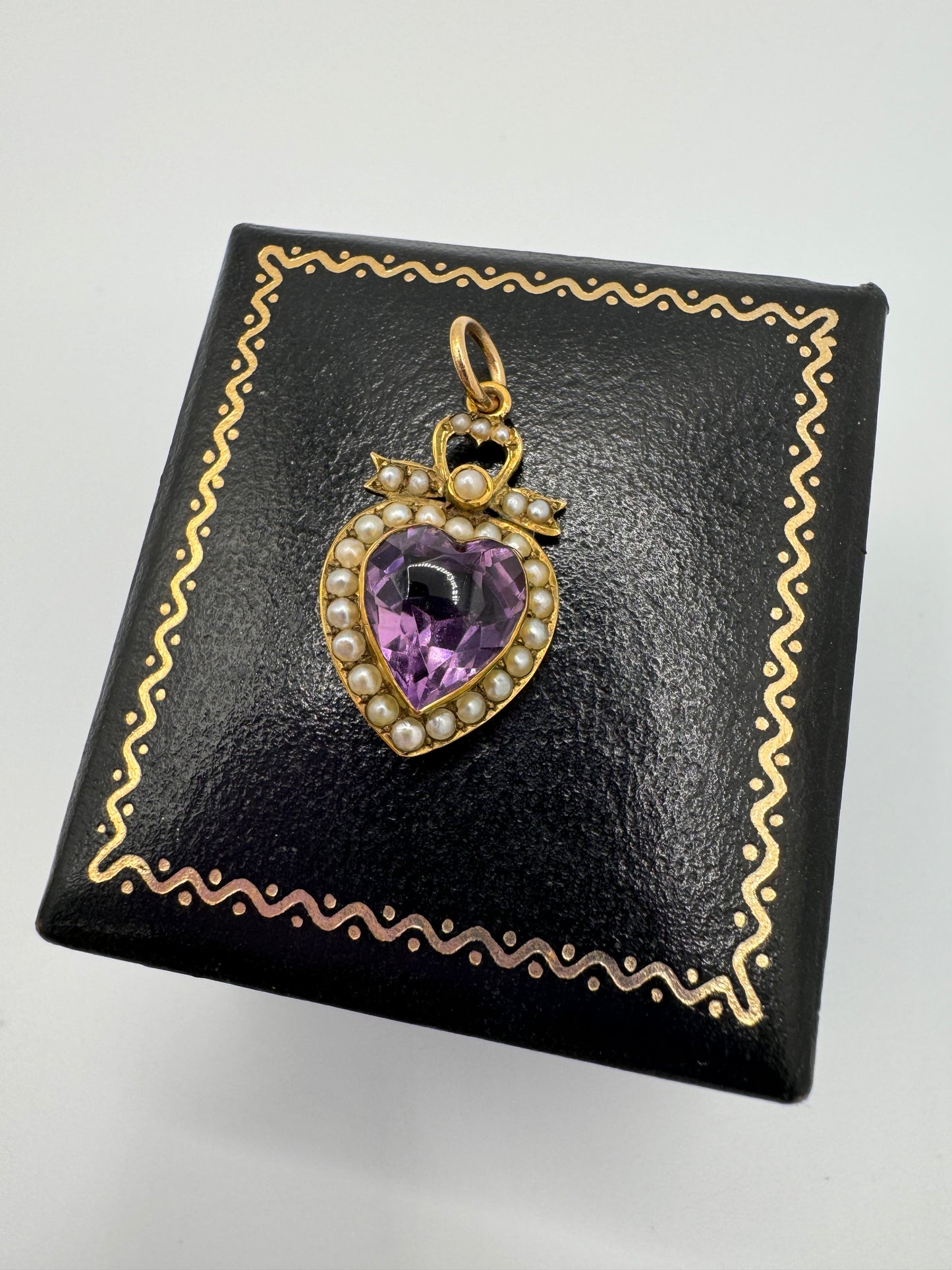 Antique Gold Amethyst & Seed Pearl Heart Pendant