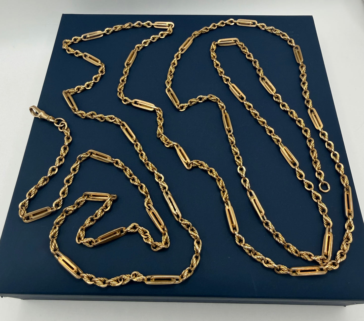 Antique 9ct Yellow Gold Trombone & Love Link Long Guard Chain