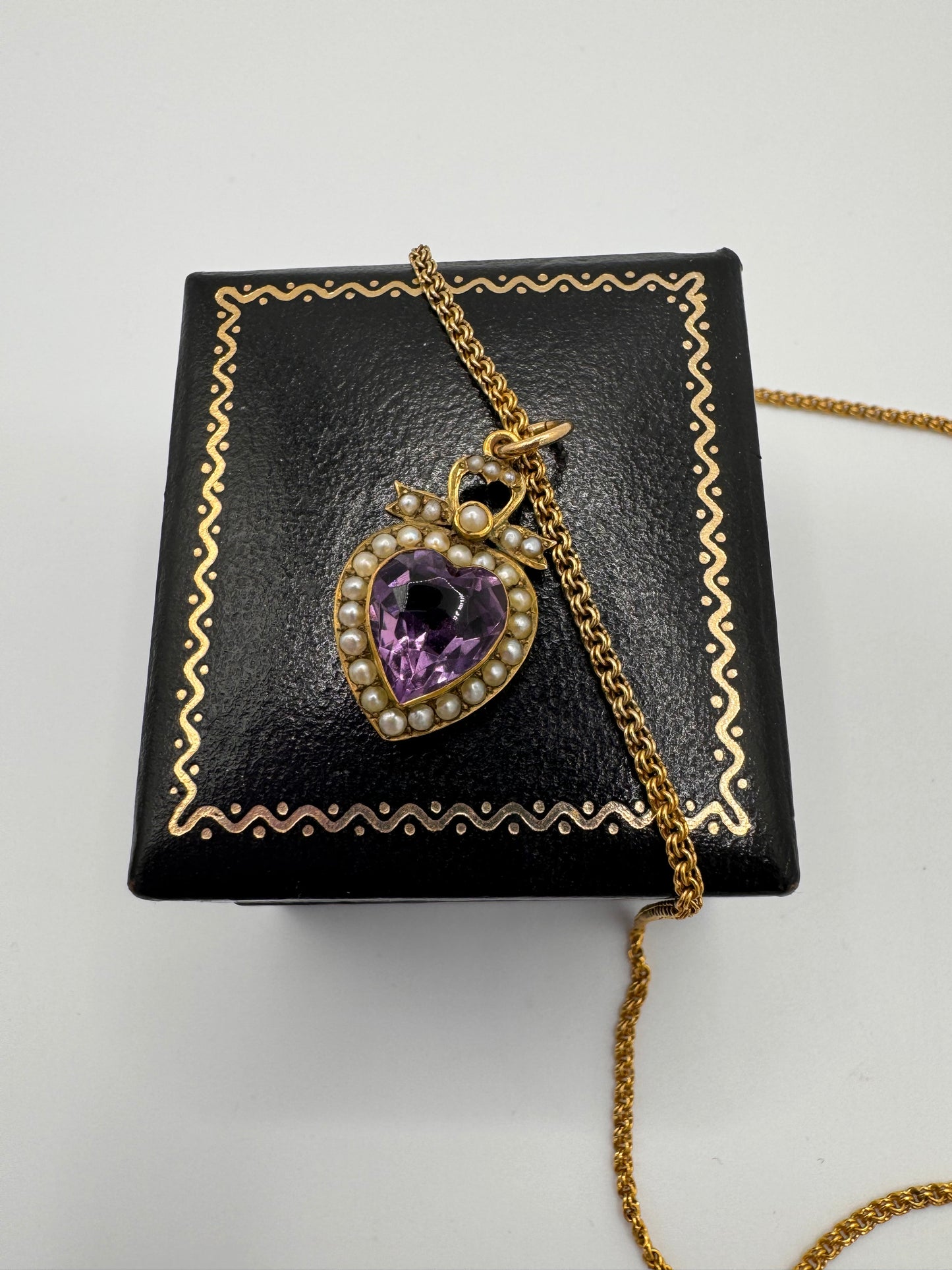 Antique Gold Amethyst & Seed Pearl Heart Pendant