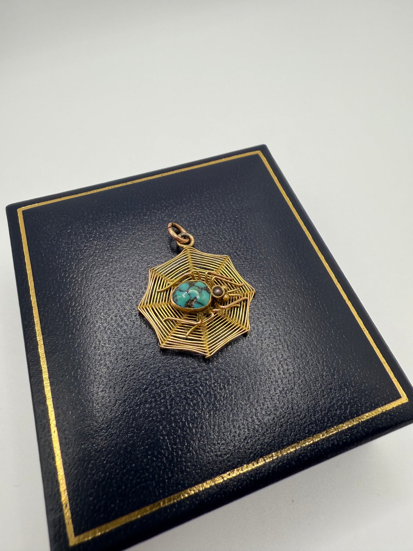 Antique 9ct Gold Turquoise and Pearl Spider on Web Charm Pendant