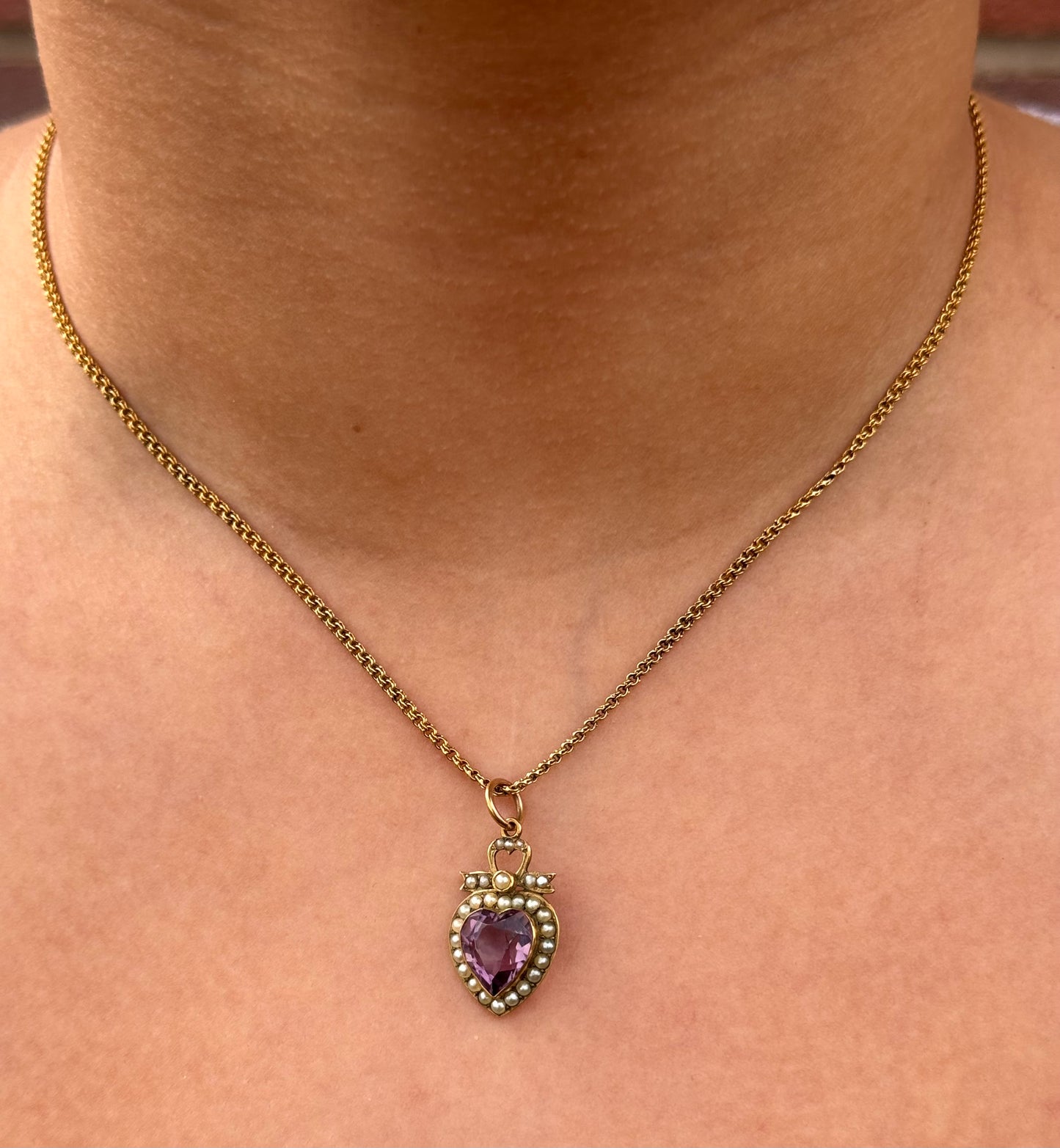 Antique Gold Amethyst & Seed Pearl Heart Pendant