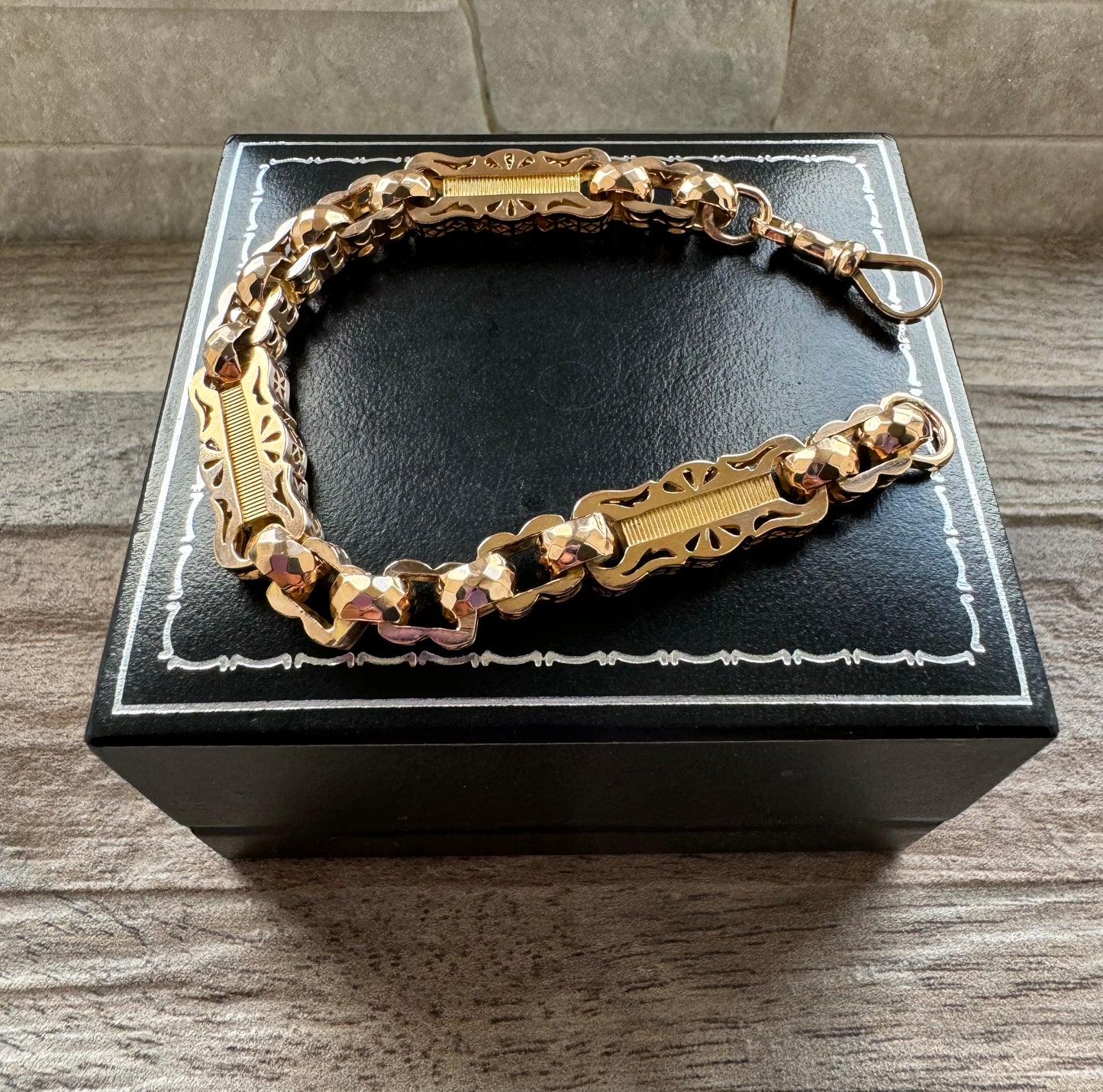 Antique 9ct Yellow Gold Fancy Bar Link Bracelet