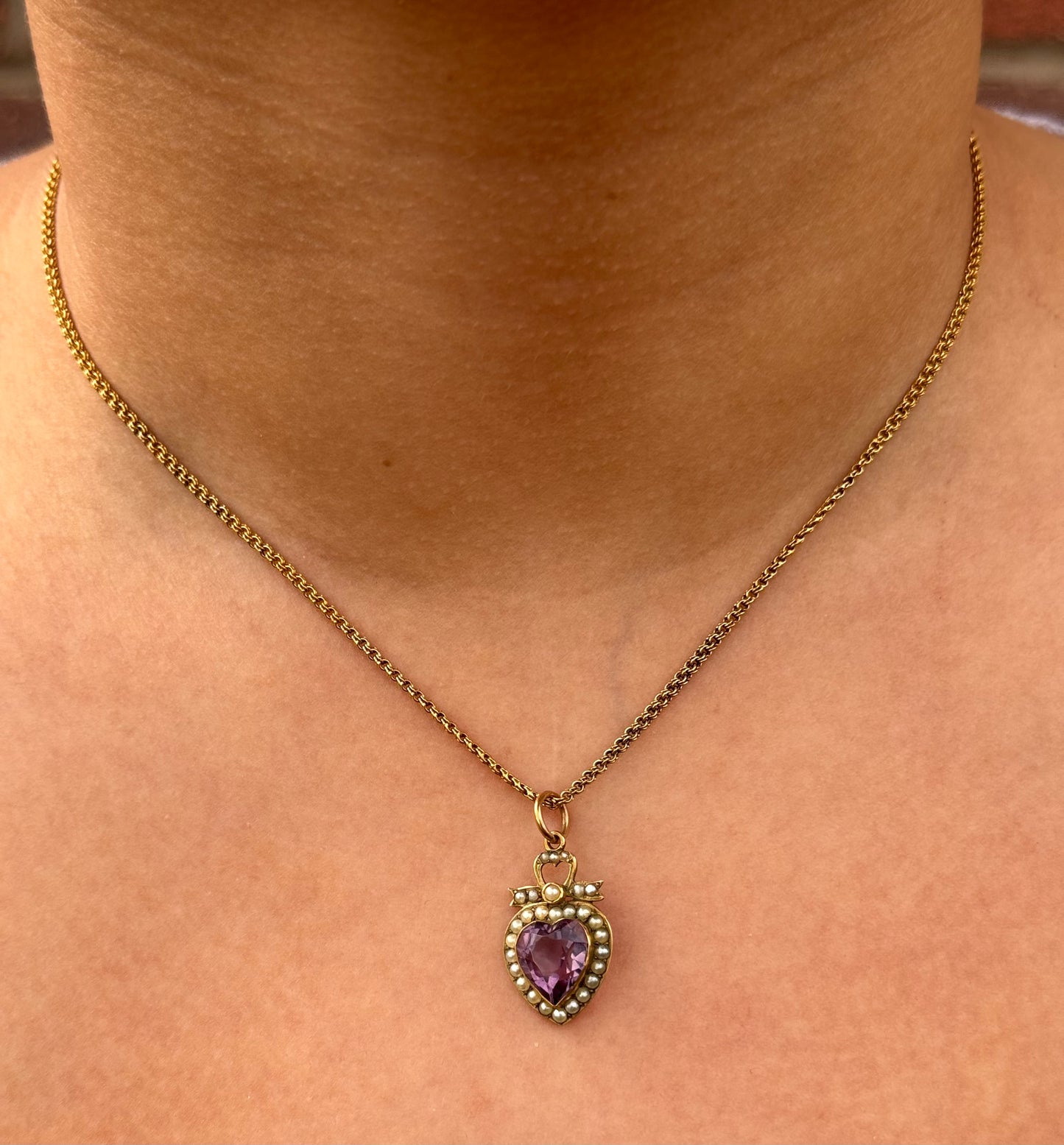 Antique Gold Amethyst & Seed Pearl Heart Pendant