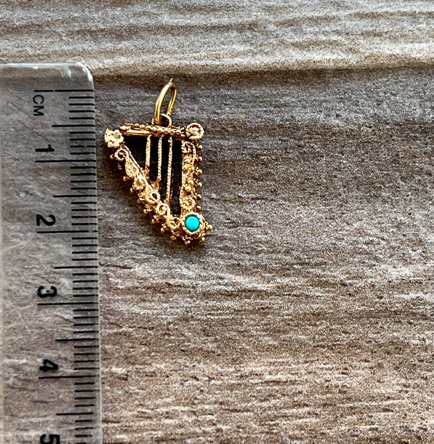 Vintage 9ct Gold Harp with Turquoise Detail Charm