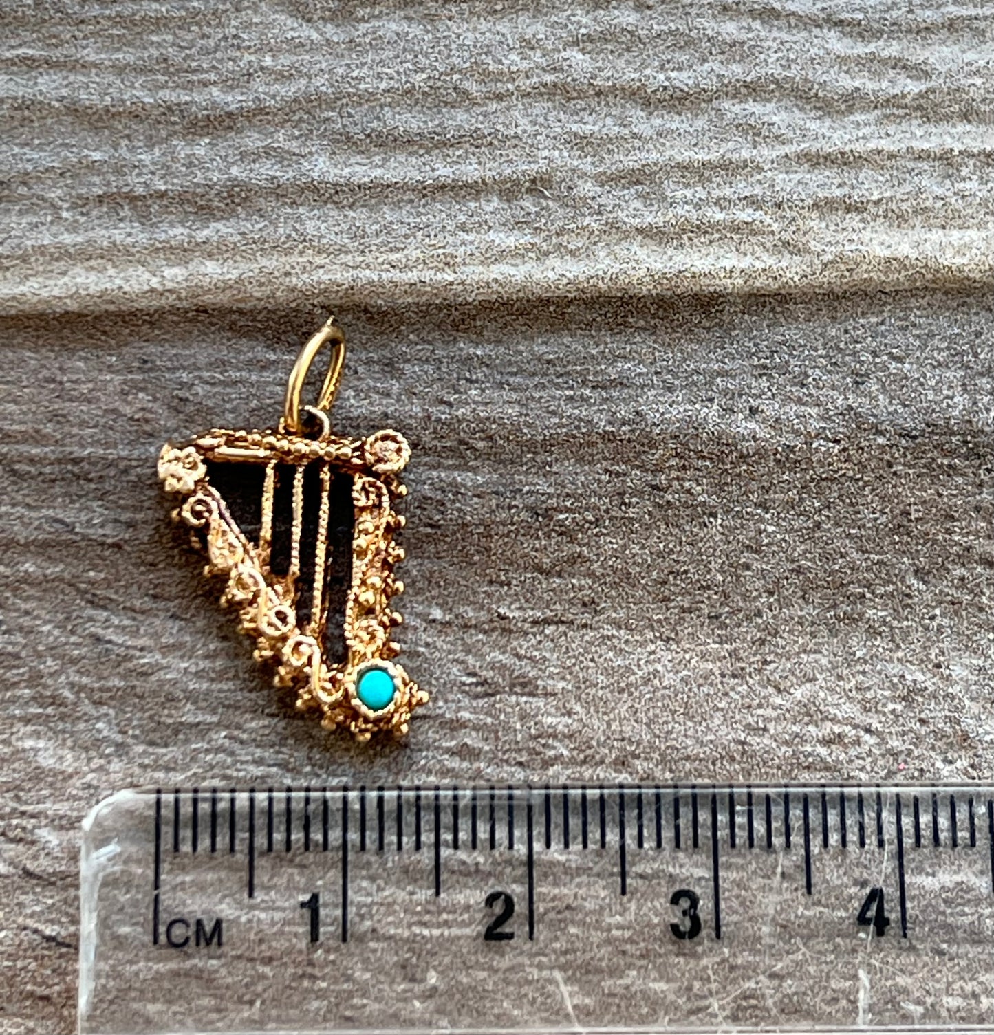 Vintage 9ct Gold Harp with Turquoise Detail Charm