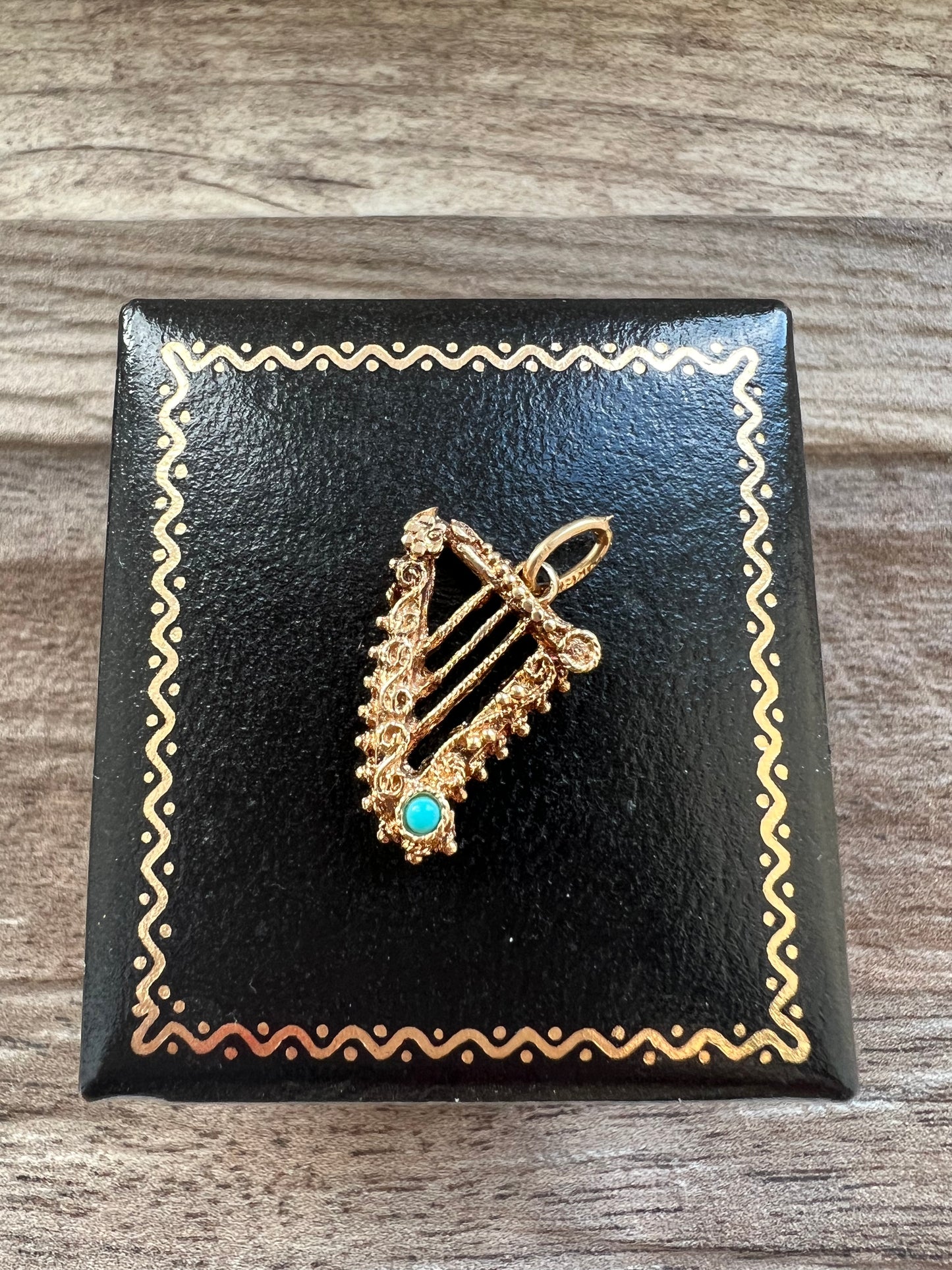 Vintage 9ct Gold Harp with Turquoise Detail Charm