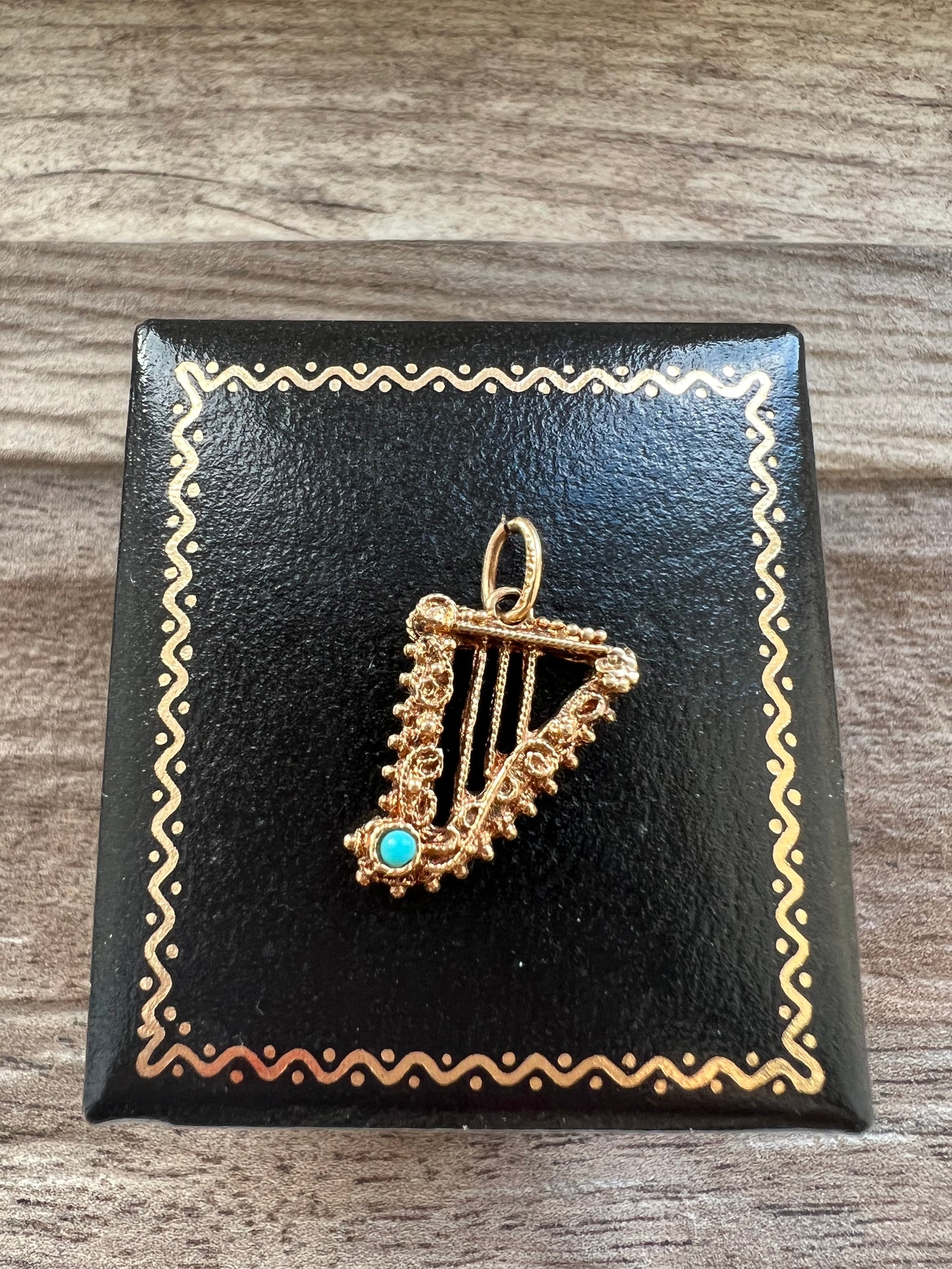 Vintage 9ct Gold Harp with Turquoise Detail Charm