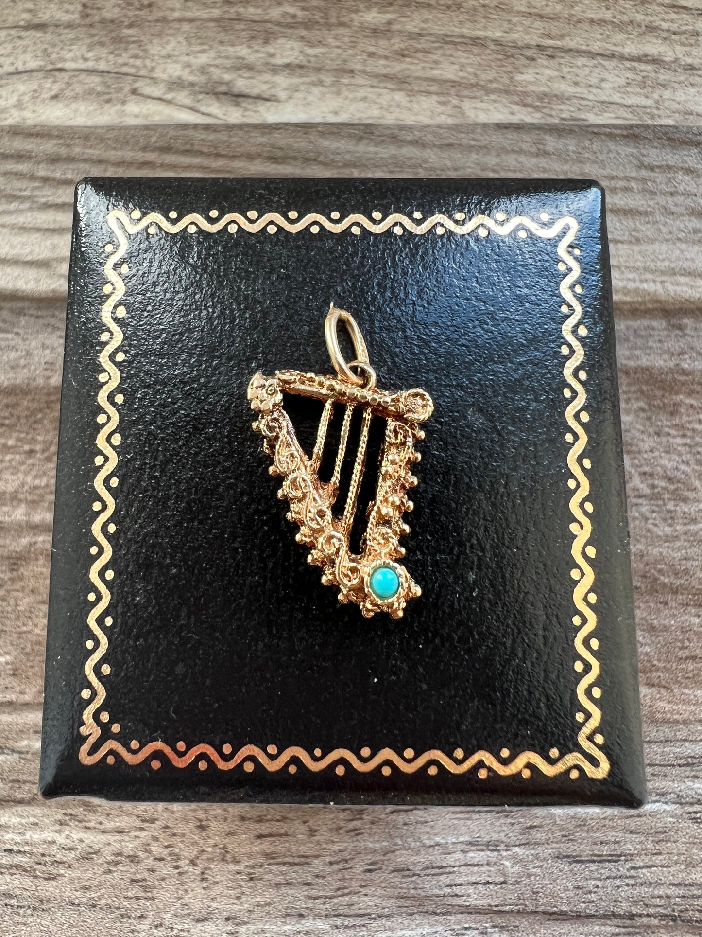 Vintage 9ct Gold Harp with Turquoise Detail Charm