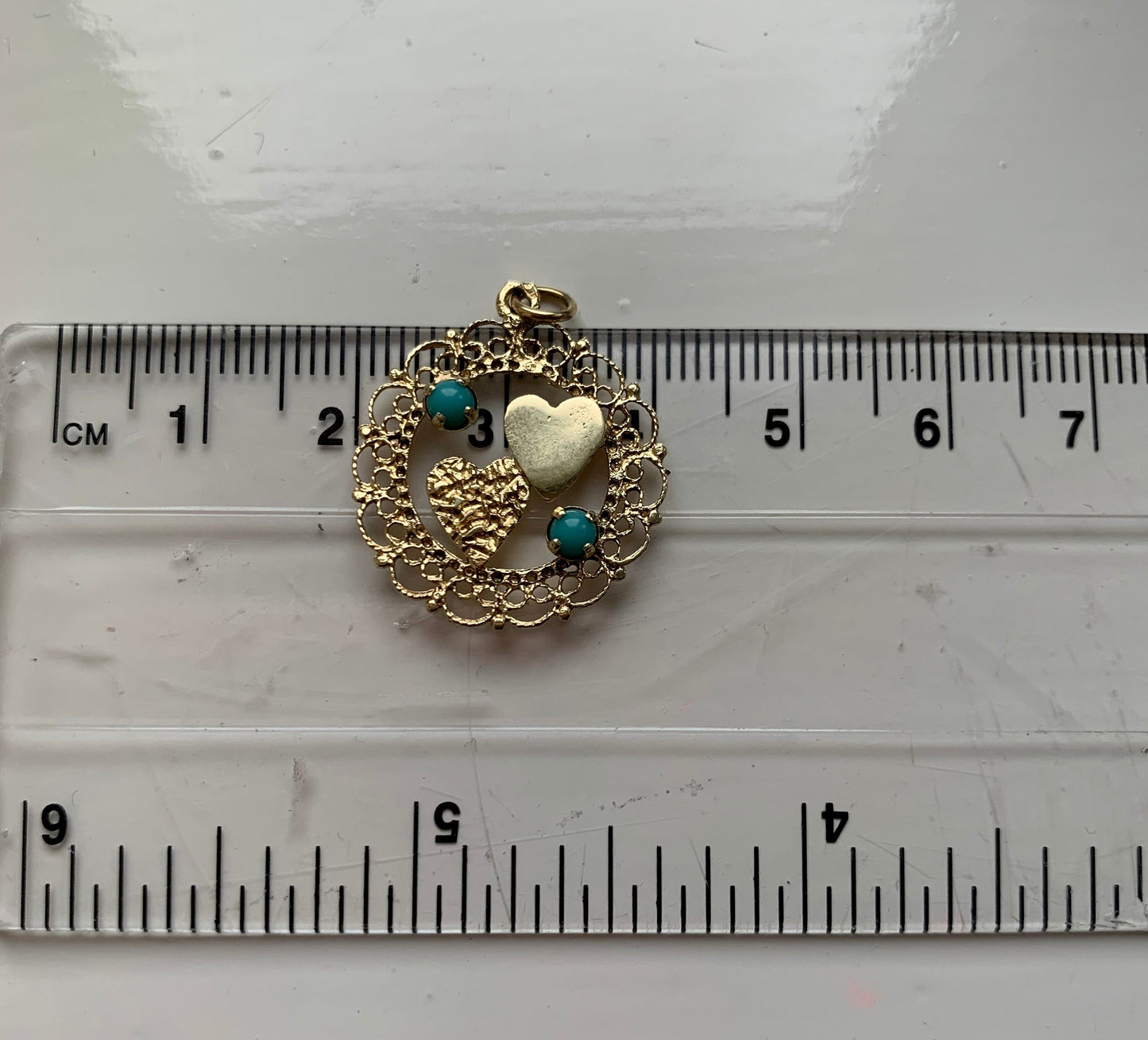 Unusual 14ct Gold Vintage Turquoise Double Heart Pendant (not 9ct)