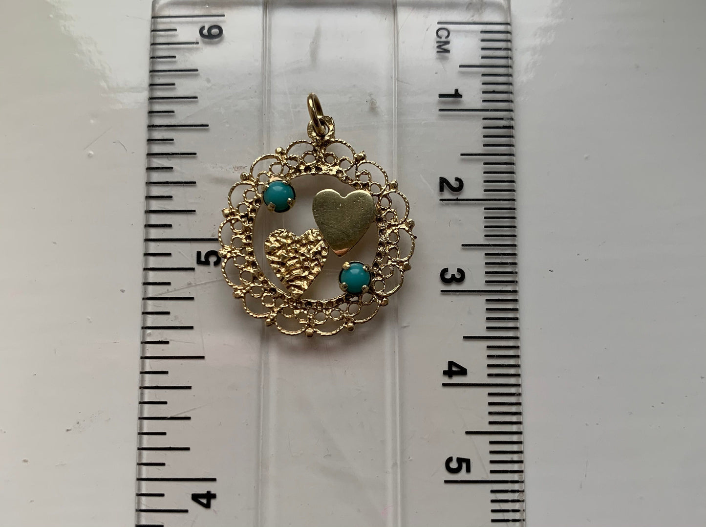 Unusual 14ct Gold Vintage Turquoise Double Heart Pendant (not 9ct)