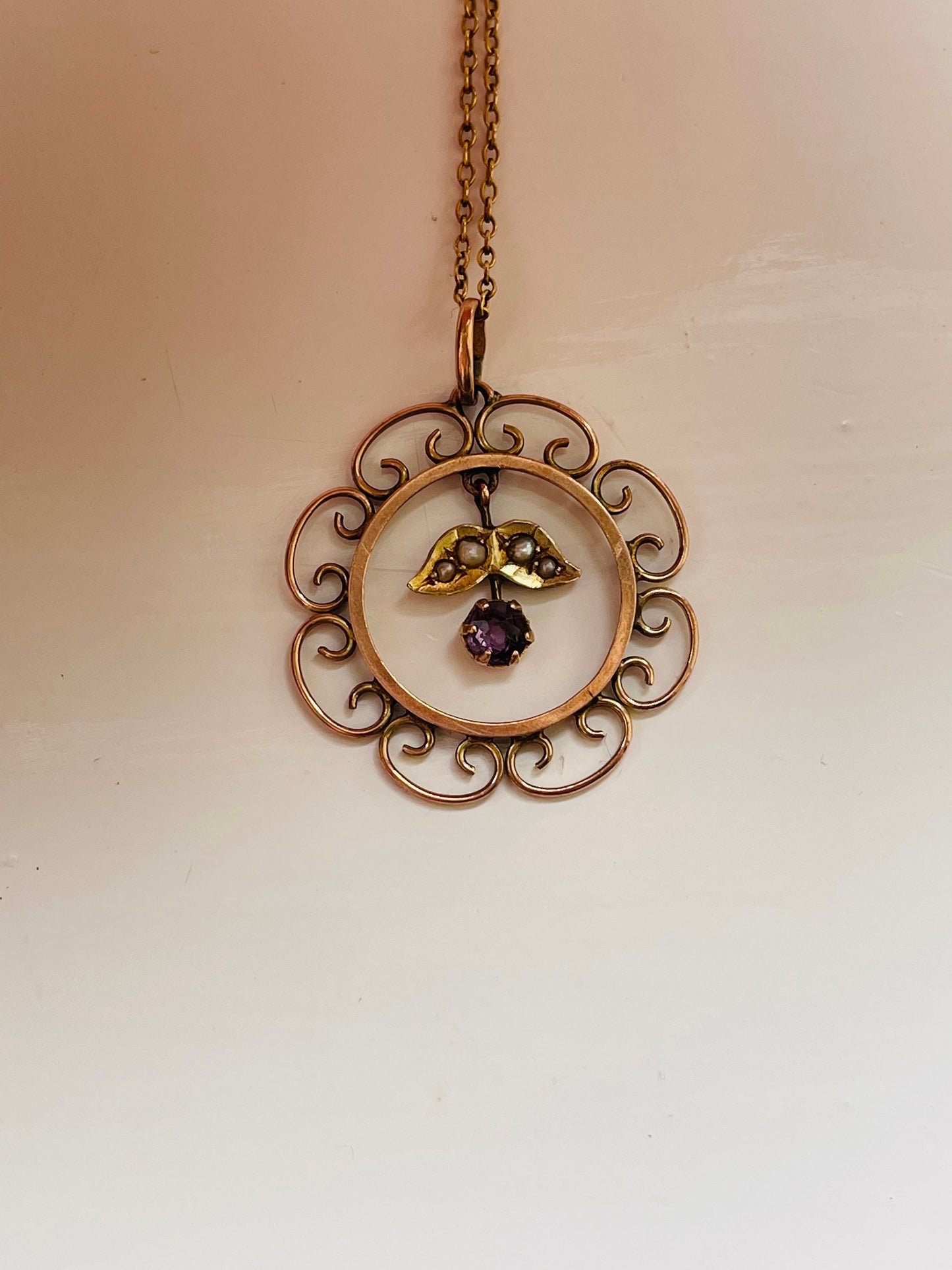 Beautiful 9ct Gold Antique Amethyst and Seed Pearl Drop Pendant