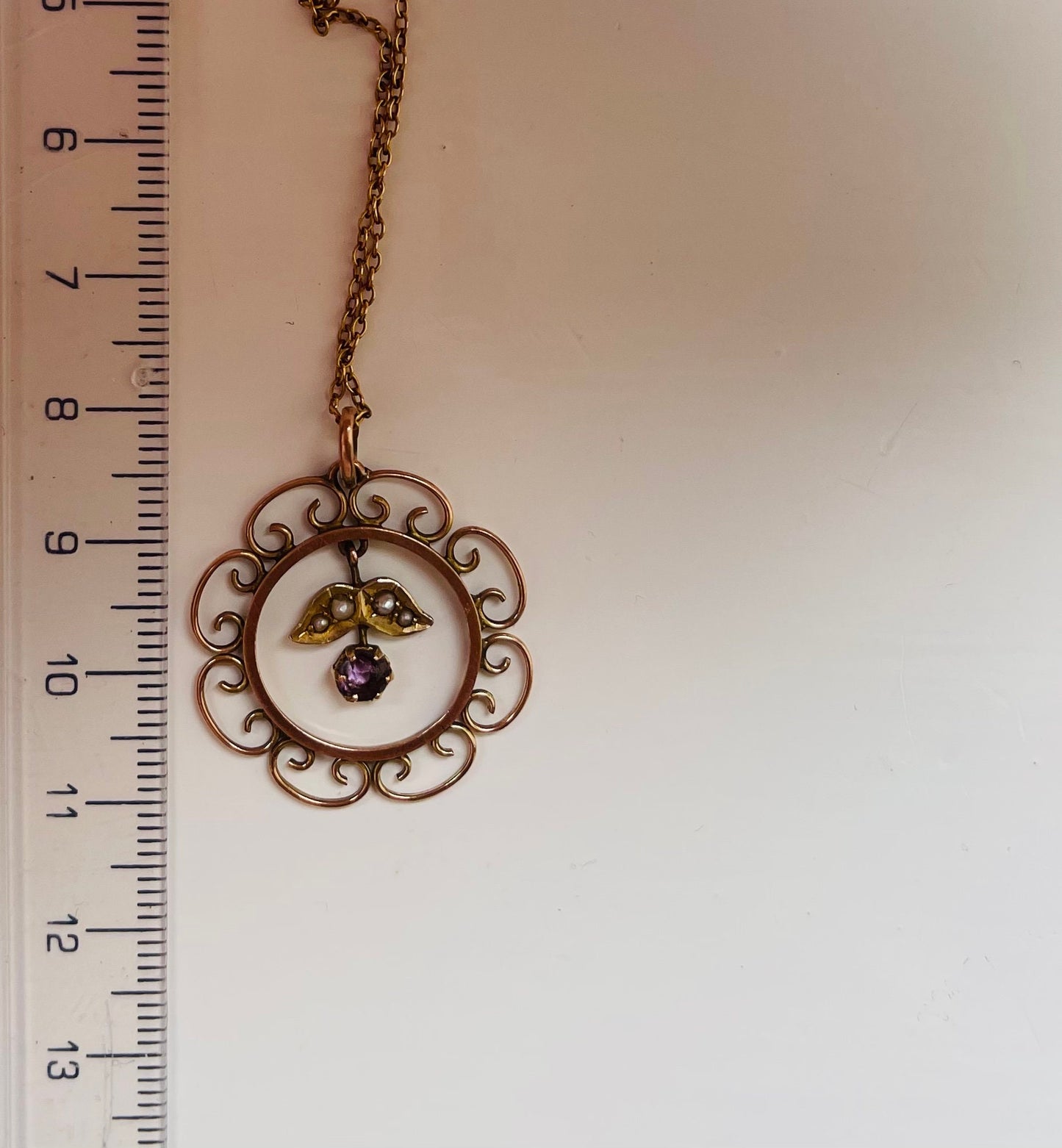 Beautiful 9ct Gold Antique Amethyst and Seed Pearl Drop Pendant